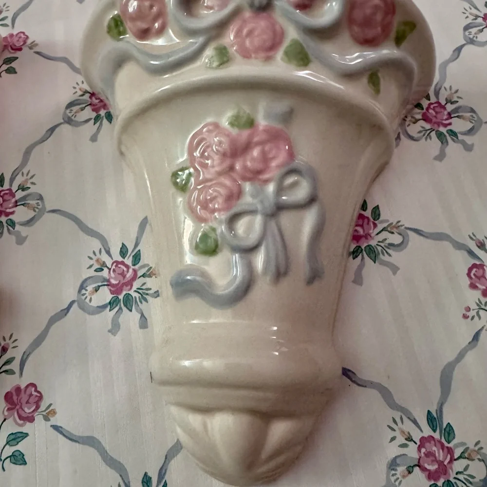 Pink Rose Ceramic Wall Pockets with Blue Ribbon Accents NOS